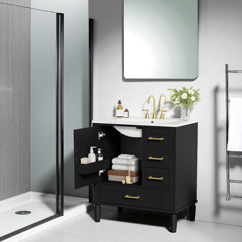Meuble-lavabo noir 30 po avec lavabo en céramique - Armoire autoportante à 3 tiroirs, porte à fermeture en douceur et poignées dorées