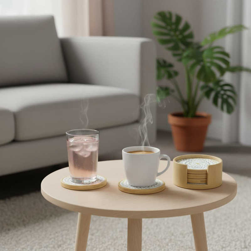 4.3" 5-Pack White Series Absorbent Bamboo Wood Round Coasters - Farmhouse Kitchen Mat