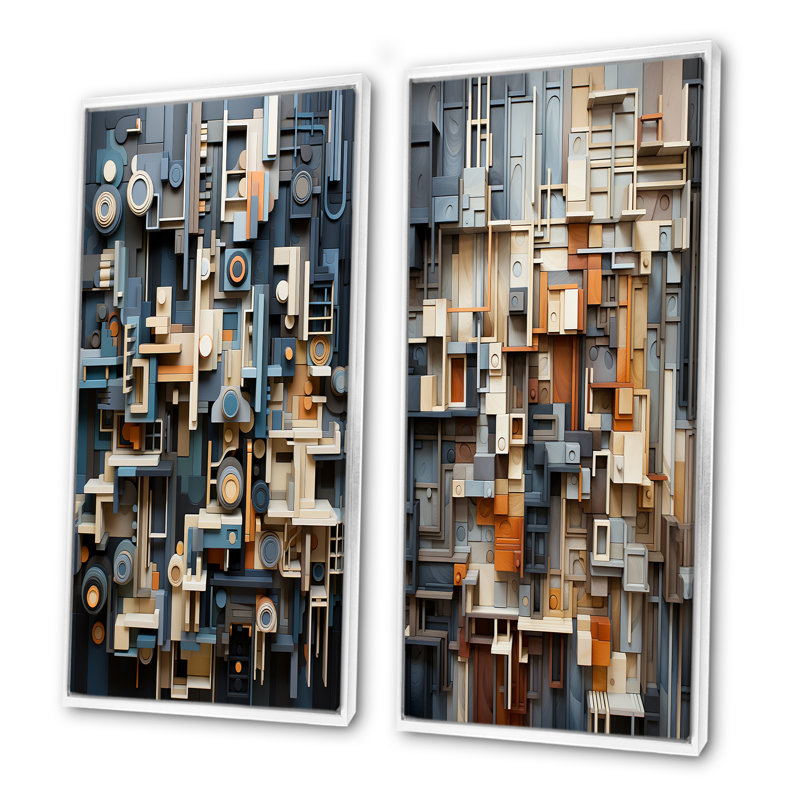 Abstrait taupe, bâtiment de tetris - gratte-ciel, ensemble de 2 reproductions d'art mural, Cadre blanc, H 40 po x l 41 po