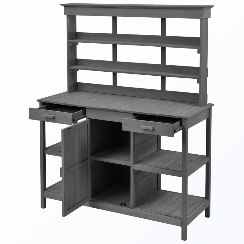 Banc d'extérieur en bois avec 2 tiroirs et tablettes ouvertes