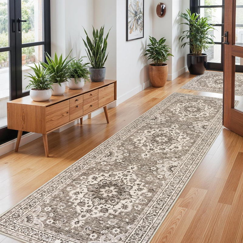 Tapis de couloir oriental 3 x 10 lavable - Tapis pour le salon Tapis doux pour la cuisine de la chambre à coucher Tapis de sol imperméable à l'eau à motif floral patiné et résistant aux taches
