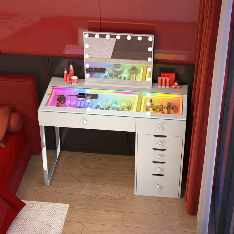 Makeup Vanity Desk HD Glass Countertop Built-in RGB Lighting Strip 6 Large Drawers Diamond Handles Very easy to assemble