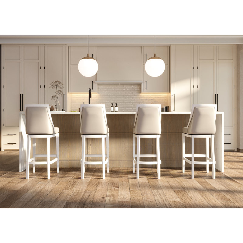 Tabouret de bar de 31 po de hauteur avec pivot et dossier haut, corps blanc, siège en similicuir gris, siège à 180 degrés à retour automatique, l 18,5 po x P 17 po, finition lumineuse spacieuse et confortable, pour un nettoyage sans effort, plastique