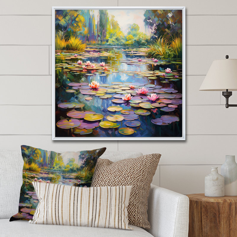 Art mural bleu et vert Monets Lake Reflections 4 - Lake, H 36 po x l 36 po x P 1,5 po, Cadre flottant blanc