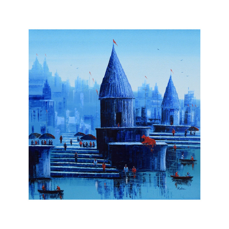 Bateaux flottants sur Banaras Ghat | Huile sur toile | Par Reba Mandal