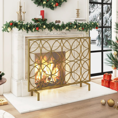 Single Panel Iron Fireplace Screen With Gold Finish