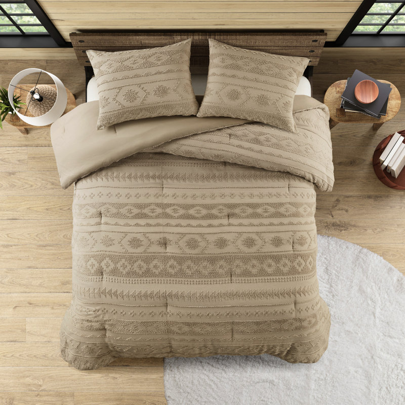 Ensemble d'édredon surdimensionné en chenille double / grand pour 3 pièces, brun clair, rembourré, taies décoratives à boutons, motif du Sud-Ouest et lavables à la machine en brun clair, construction très confortable