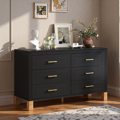 Commode moderne avec 6 tiroirs, poignées en métal et pieds en bois