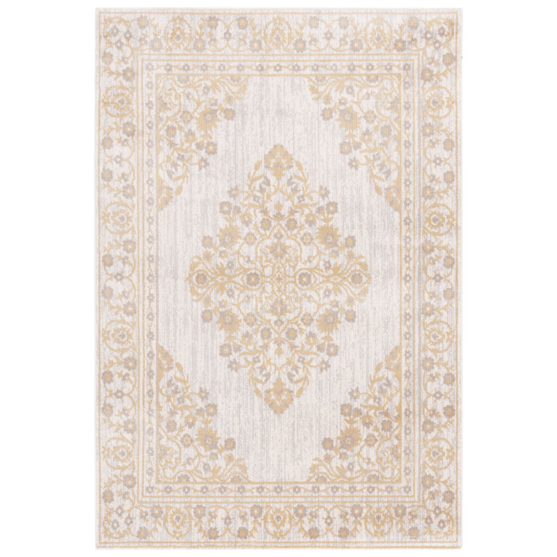Ivory Bloom Motif Stain-Resistant Wool Area Rug