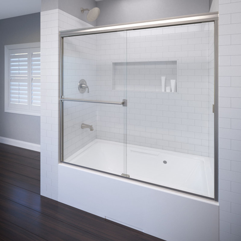 Classic 56" W x 57" H Bypass Frameless Tub Door, Brushed Nickel, AquaGlideXP Clear