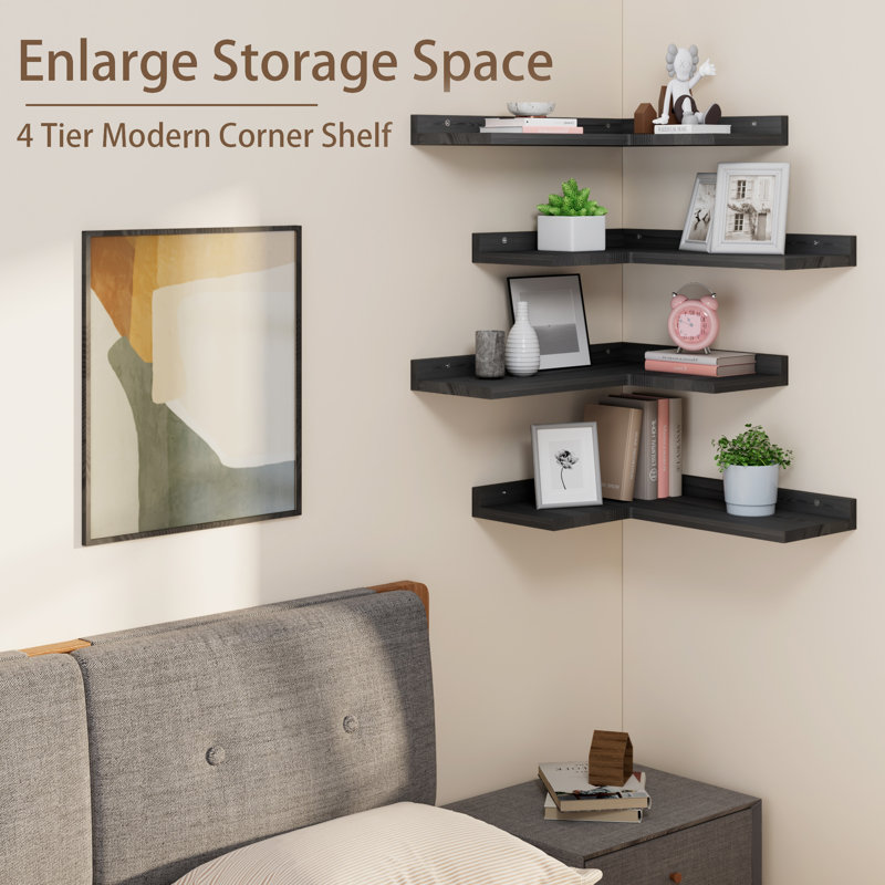 4 Tier Corner Floating Shelves Set of 4, Rustic Pine Wood Corner Shelves for Wall Storage and Decor, L-Shaped Corner Wall Mounted Shelf for Bedroom, Living Room, Bathroom, Kitchen and more