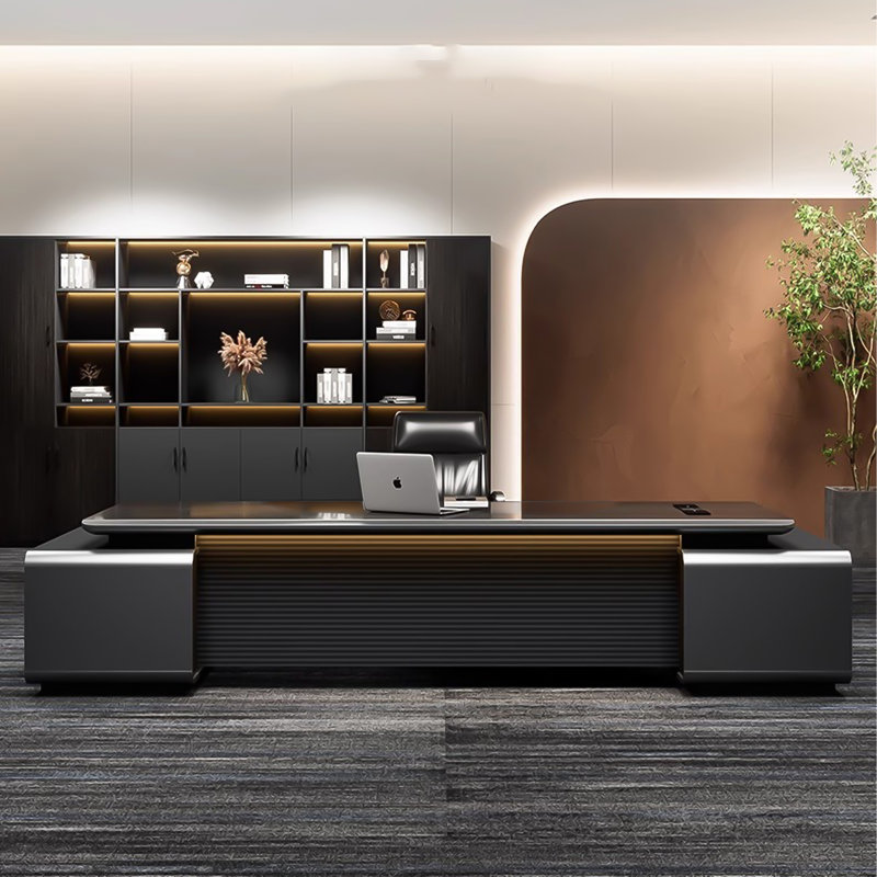 Bureau de direction moderne en forme de L gris foncé avec peinture de cuisson et rangement de grande capacité et multiprise intégrée