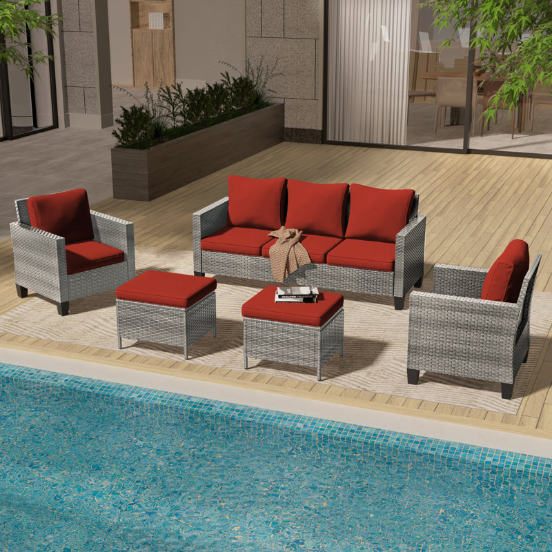 Abinayan 5-Person PE Wicker Patio Conversation Set with Cushions, All-Weather Outdoor Furniture Set for Deck Backyard Garden