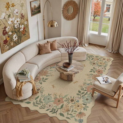 Botanical Floral Faux Linen Machine Washable Area Rug With Non-Slip Backing And Scalloped Edge