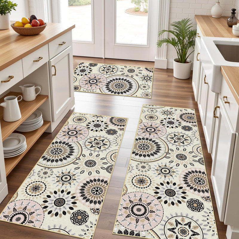 Boho Kitchen Rugs Non-Slip Washable Farmhouse Kitchen Mat 3 Piece Set, Beige