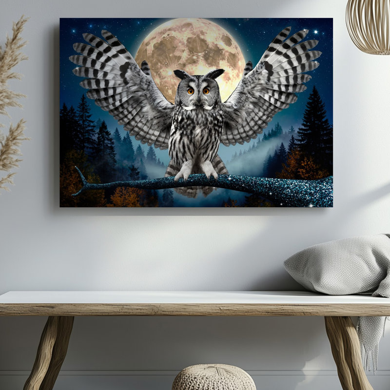 Toile, chouette noire et blanche majestueuse avec détails de plumes complexes, art mural perché sur une branche texturée et scintillante