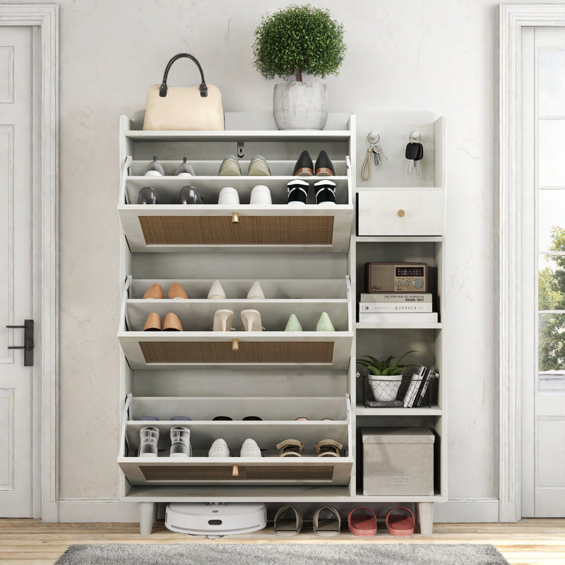 Bohemia Style Shoe Cabinet With 3 Rattan Flip Drawers, 3 Square Shelves And 1 Storage Drawer And Key Hooks, Antique White