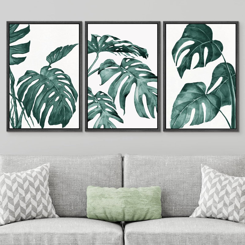 «Green Tropical Monstera Plant Leaves», impression sur toile 3 pièces, H 24 po x l 48 po x P 1,5 po, Noir