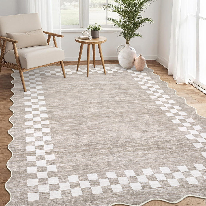 Scalloped Area Rugs Modern Bordered Accent Carpet,Non-Slip Floor Cover,Stain-Resistant Indoor Mat for Bedroom,Kitchen,Living Room