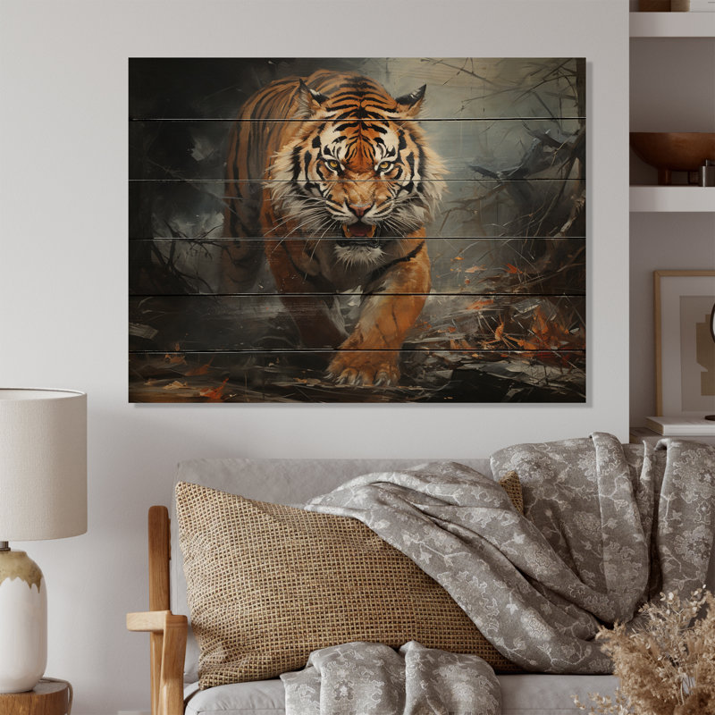 Portrait de tigre féroce brun III sur bois, H 24 po x l 32 po x P 0,78 po