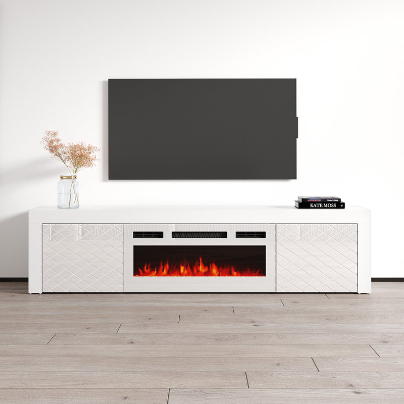 Attalla 70.9" Modern TV Stand with Electric Fireplace, High Gloss Finish, Wall-Mounted, White