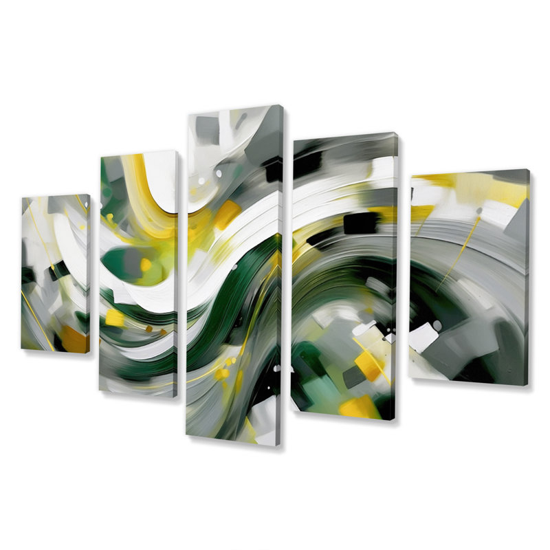 «Yellow and Green Abstracted Perspectives I», reproduction d'art sur toile abstraite - 5 panneaux