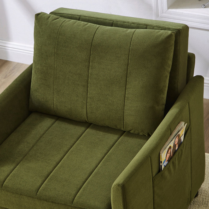 Upholstered Convertible Fold Out Chair Bed with 5-Position Adjustable Backrest, Side Pockets and a Storage Basket, Green
