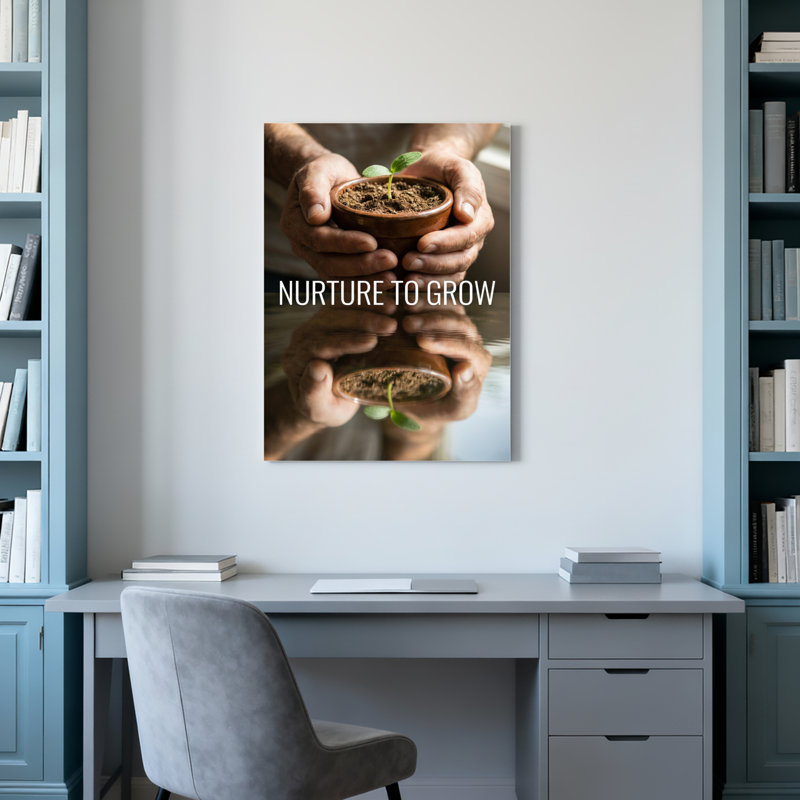 Ensemble de 1 tableau sur toile tendue « Mains tenant un jeune plant » avec la mention « Cultiver une plante ».