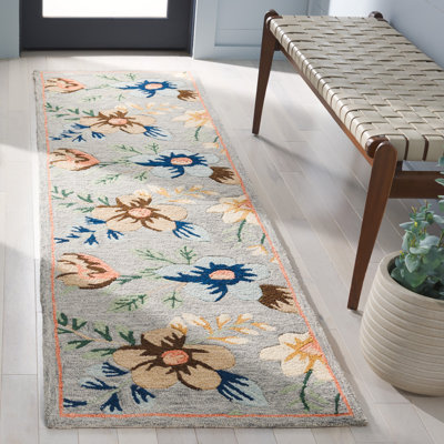 Tapis floral gris / bleu en laine / coton touffeté à la main Abbrielle