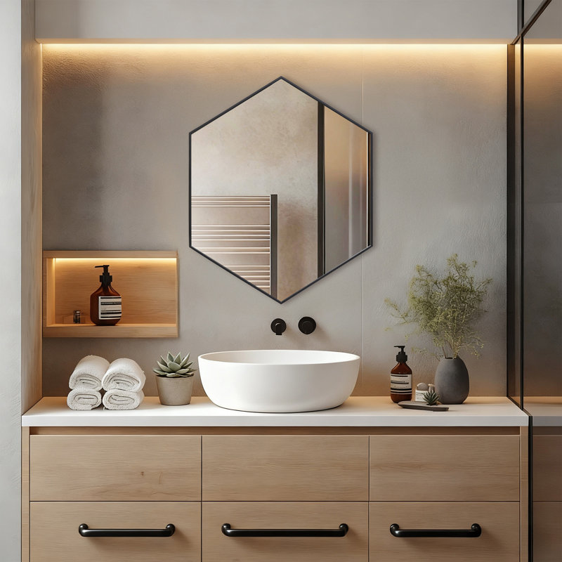 Modern Metal Framed Hexagon Wall Mirror, 30" x 24", Matte Black
