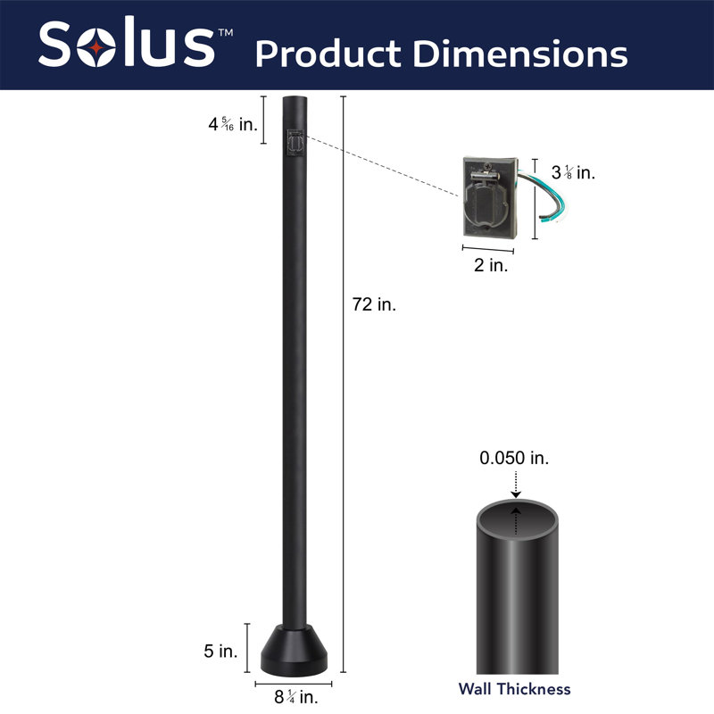 Solus 6 ft. Surface Mount Lamp Post with Convenience Outlet and Aluminum Base Cover, Black