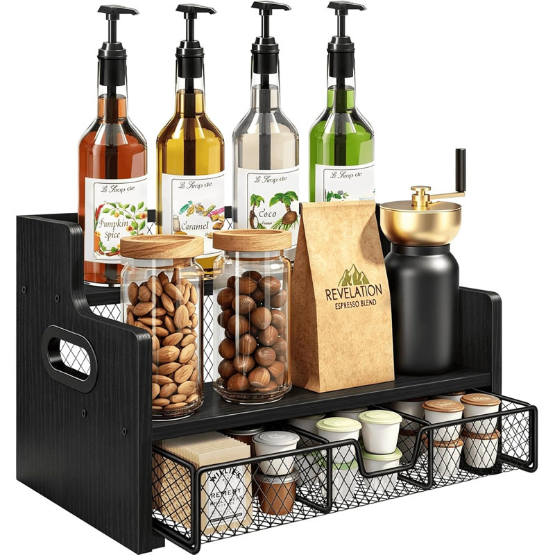 Support à sirop de café, support à sirop à 3 niveaux pour 8 bouteilles avec tiroir de rangement pour tasses à café de 35 K, comptoir à vin en bois