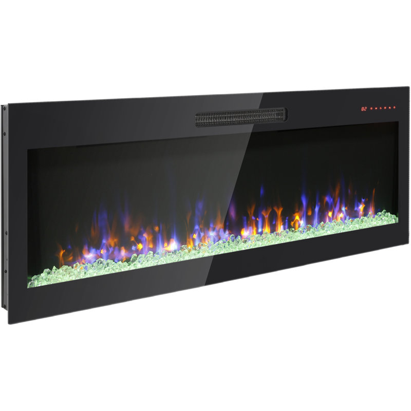 50 Inch Recessed Thin Tempered Glass Front Wall Mounted Electric Fireplace With Remote And Multi Color Flame & Emberbed, LED Light Heater