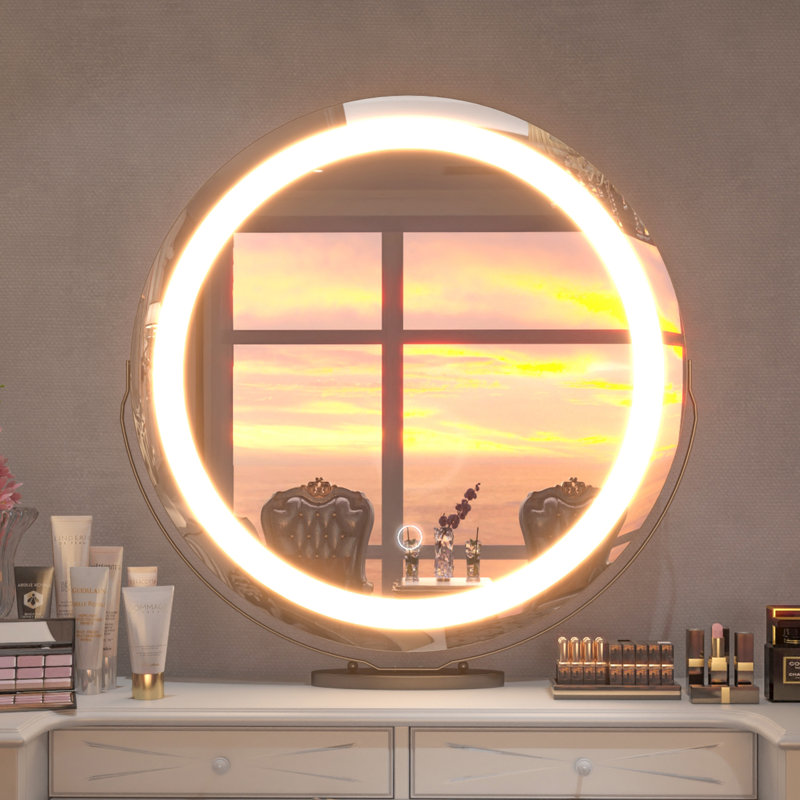 Jimya Stepless Dimmable Round LED Desktop Mirror with 360° Swivel, Black