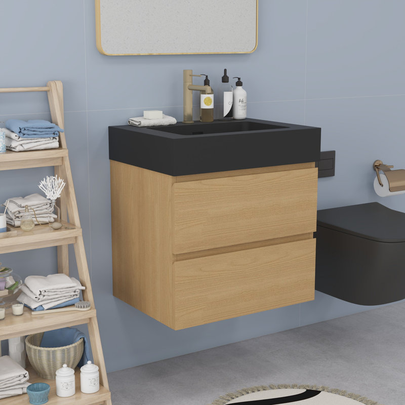 Meuble-lavabo moderne avec lavabo, Noir, Chêne naturel