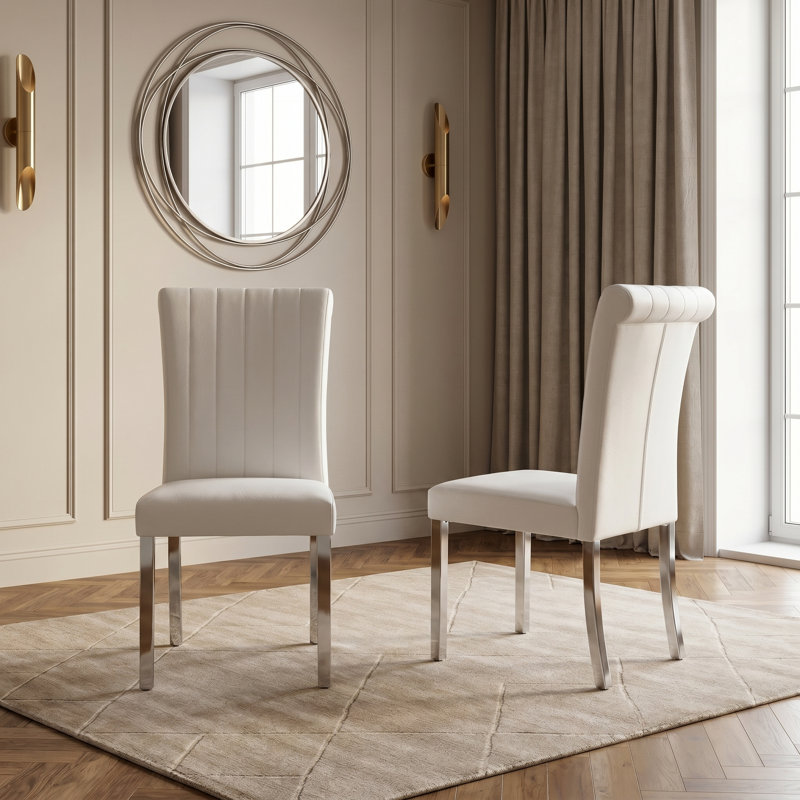 Chaises de salle à manger rembourrées modernes en similicuir avec dossier haut roulé et pieds en acier inoxydable, White