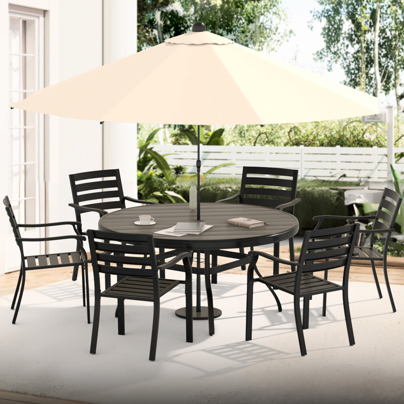 Outdoor Round Patio Table For 6 - 7, All Weather Metal Dining With Adjustable Umbrella Hole, Powder Coated Rust Protection, Bent Legs Better Stability And Aesthetics, Hand Polished Finish, Ideal