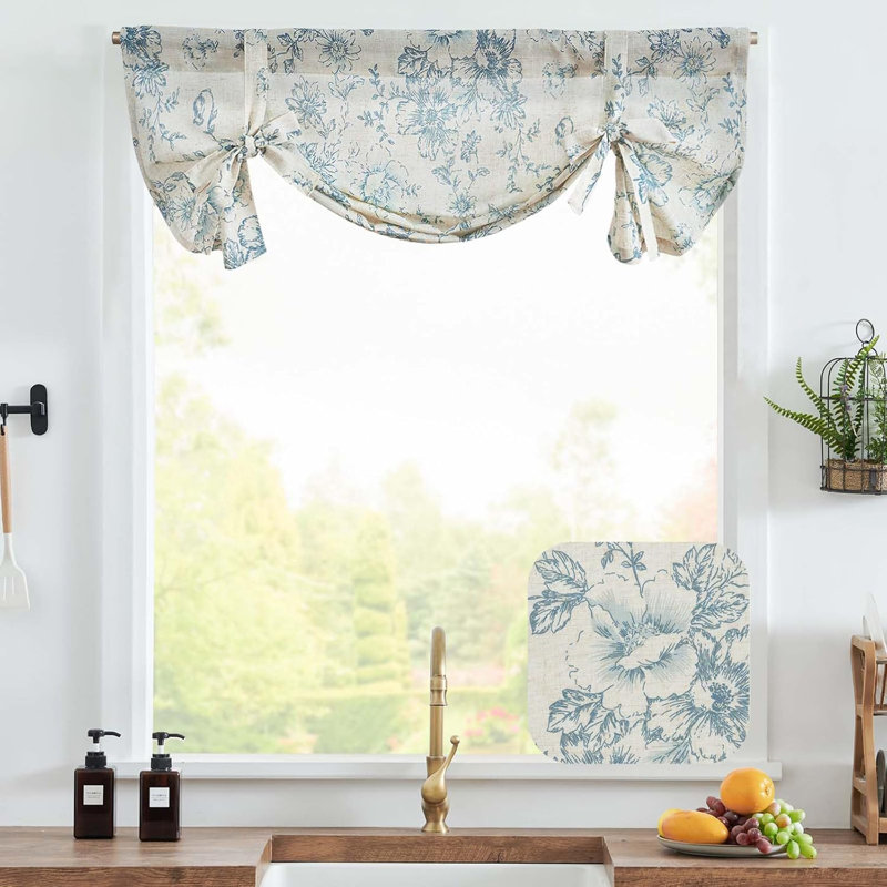 Floral Linen Tie Up Shade Valance, Blue, 42" W x 36" L