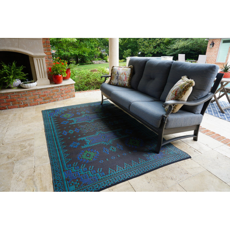 5' X 8' Apache Outdoor Mat, Black & Aqua, Reversible Mat For Patio, Porch, Deck, Floor Mat