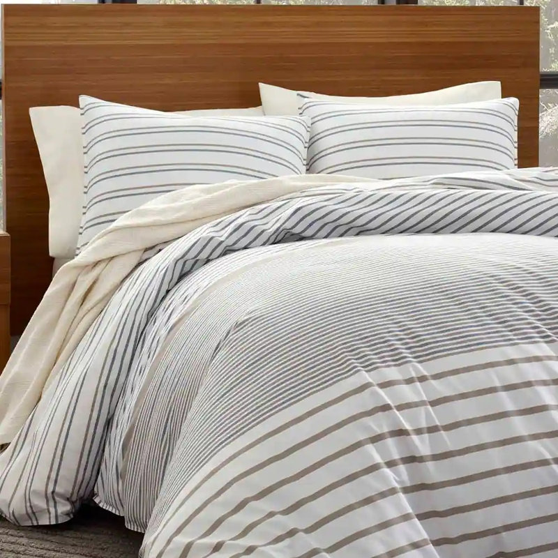 Eddie Bauer Cooper Stripe Cotton Duvet Cover Set, Full/Queen Duvet Cover + 2 Shams, Beige/Blue