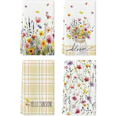 Bloom Floral Hello Sunshine Kitchen Towels Set Of 4 – Spring & Summer Farmhouse Dish Towels, Decorative Floral Tea Towels For Kitchen Cleaning And Home Decor Accent