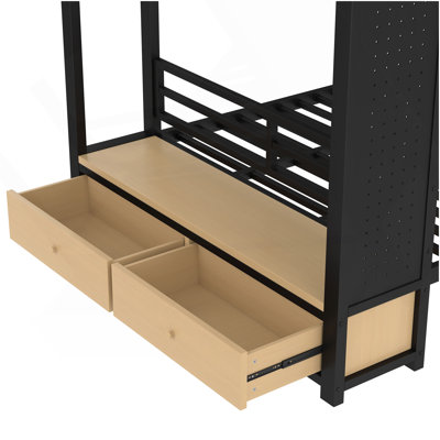 Lit superposé double au-dessus de double pour les adolescents avec tablettes de rangement, tiroirs et panneau perforé, noir