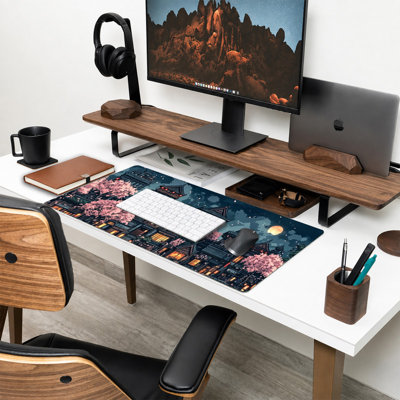 Tapis de souris en caoutchouc, surface lisse en microfibre, base antidérapante, bords arrondis, idéal pour le bureau et les jeux, 43 x 119 cm, motif paysage nocturne asiatique rose