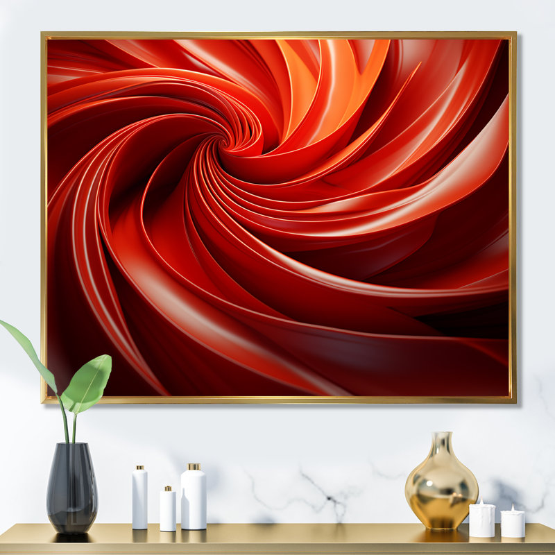 Orange et rouge abstrait spirale Dreamscape II - abstrait spirales murales, Cadre flottant doré, H 12 po x l 20 po x P 1 po
