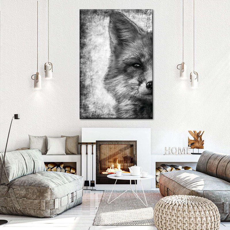 Visage de renard noir et blanc sur toile, H 24 po x l 16 po