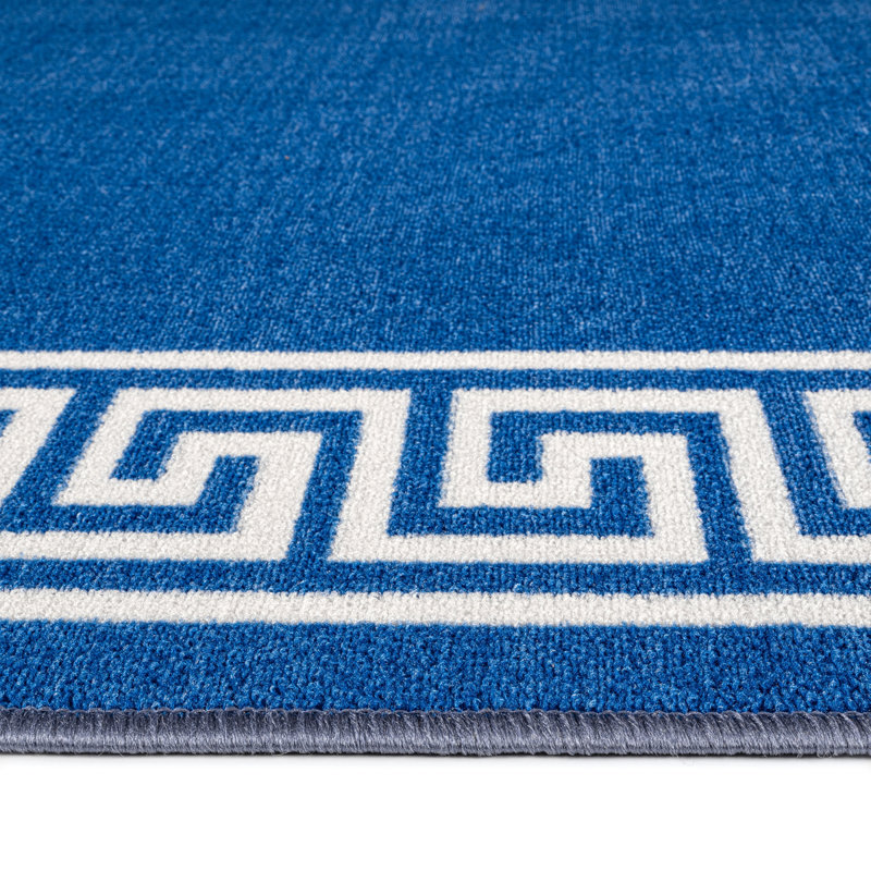 Greek-Key Blue Cream Non-Slip Polypropylene Area Rug — Washable Door Mat & Hallway Runner for Living Room, Kitchen & Bedroom