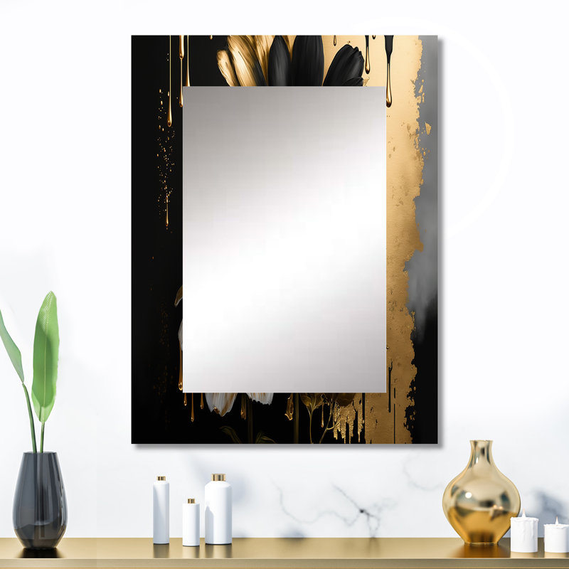 Black And Gold Daisy II - Daisy Decorative Wall Mirror, Traditional Mirror, Printed Metal Art, 32" x 24"