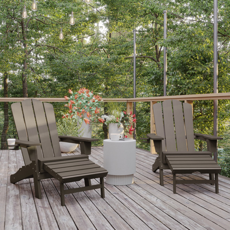 Ayleah Commercial All-Weather Plastic Adirondack Chair with Ottoman, Brown