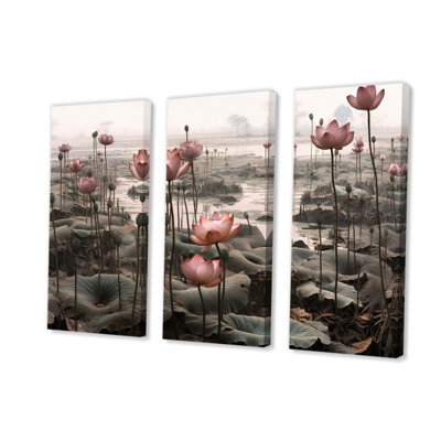 «Grey Pink Lotus Pond» sur toile, ensemble de 3 pièces