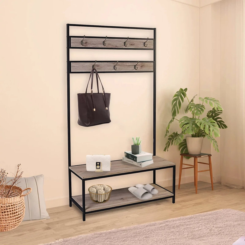 Bayleen 40.15"W Hall Tree And Clothes Rack with Storage Bench And 7 Hooks, Metal Frame